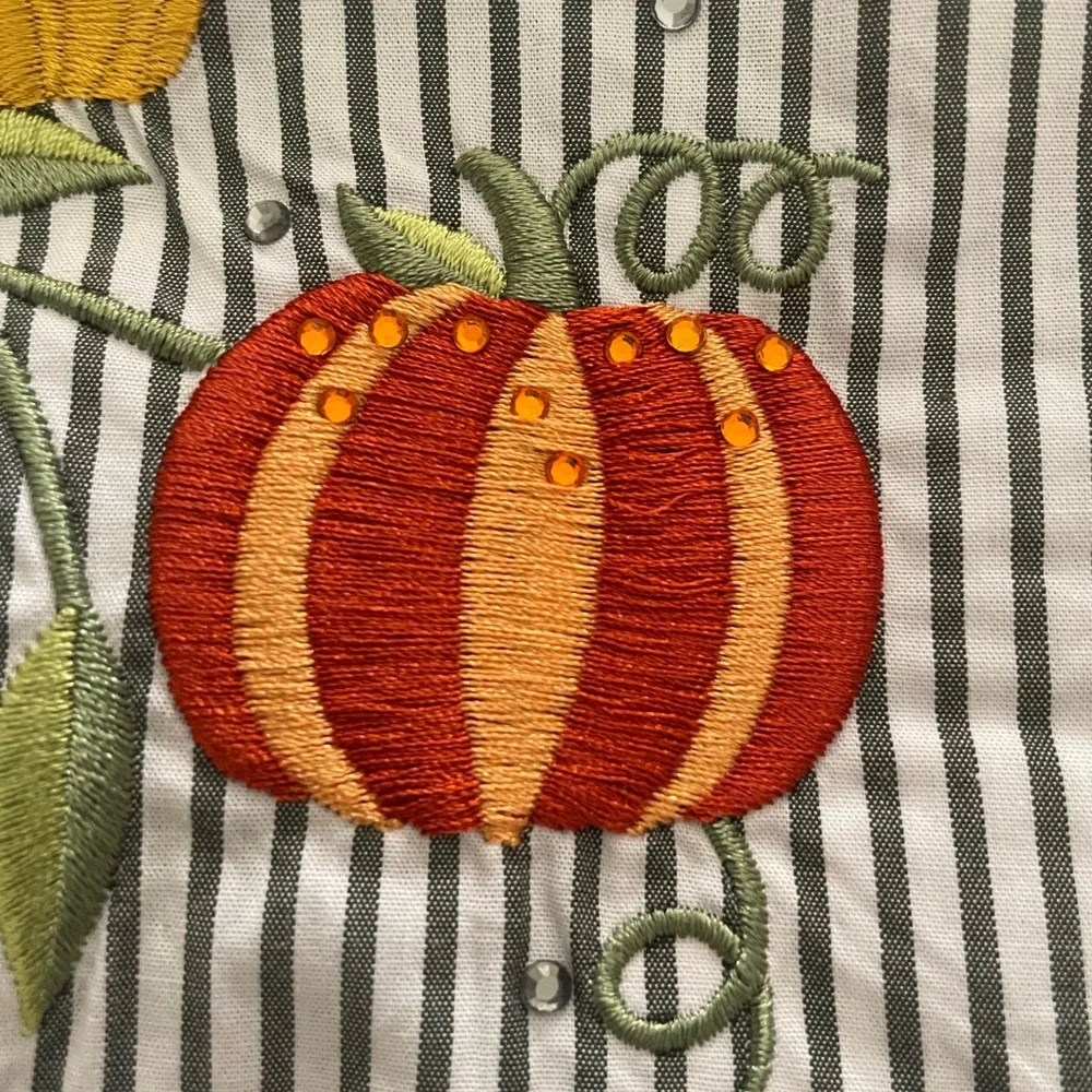 Quacker Factory | Pinstripe button down. Embroidered pumpkins. Size 2X. NWT - Picture 4 of 10